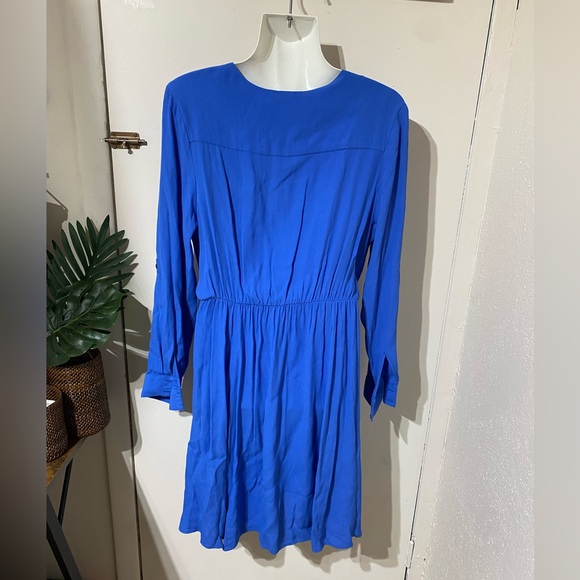 Anthropologie Maeve Blue Lene Crepe Faux Wrap Dress Roll tab long sleeve S NWOT - Picture 8 of 10